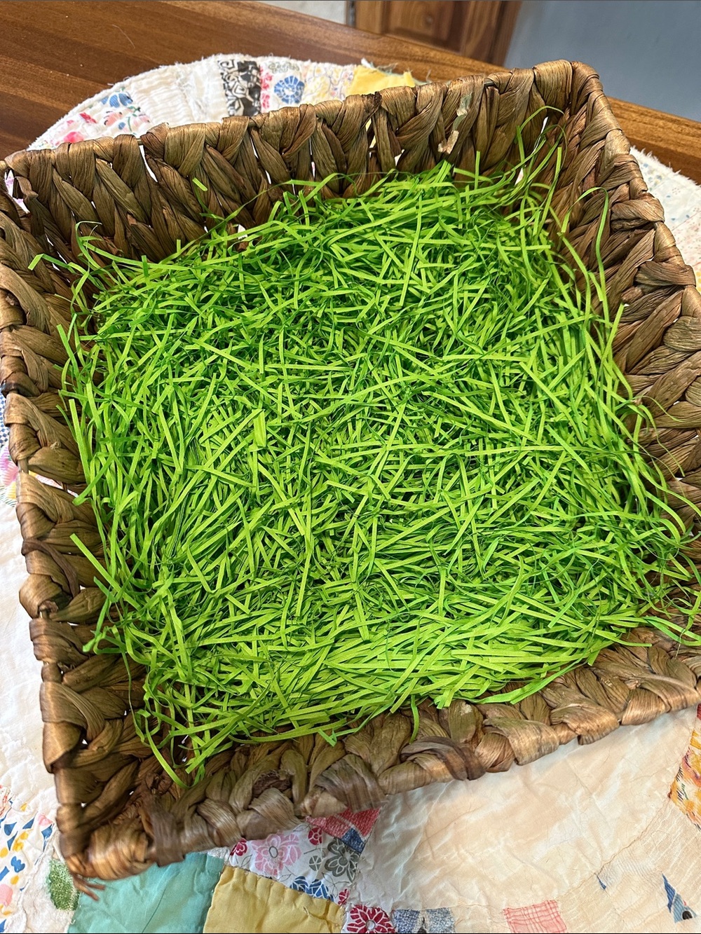 Woven Square Basket with Bright Green Decorative Grass